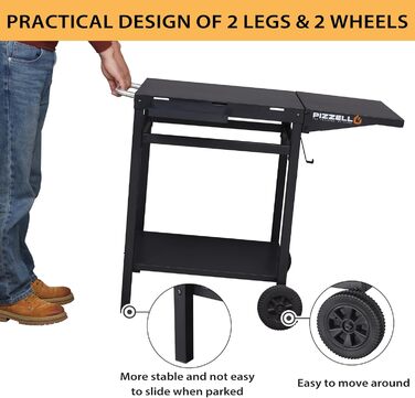 Гриль-візок PIZELLO з підготовчою станцією: візок для гриля, піца-стіл, сервірувальний візок з коліщатками, гачки, ручка, трансформована робоча поверхня, чорний
