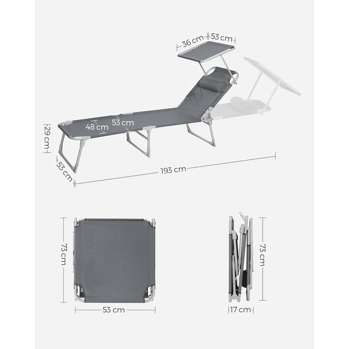 Лежак для відпочинку SONGMICS, розкладний, 193 x 53 x 29 см, до 150 кг, з подушкою, регульована спинка, для саду, басейну, тераси, темно-сірий