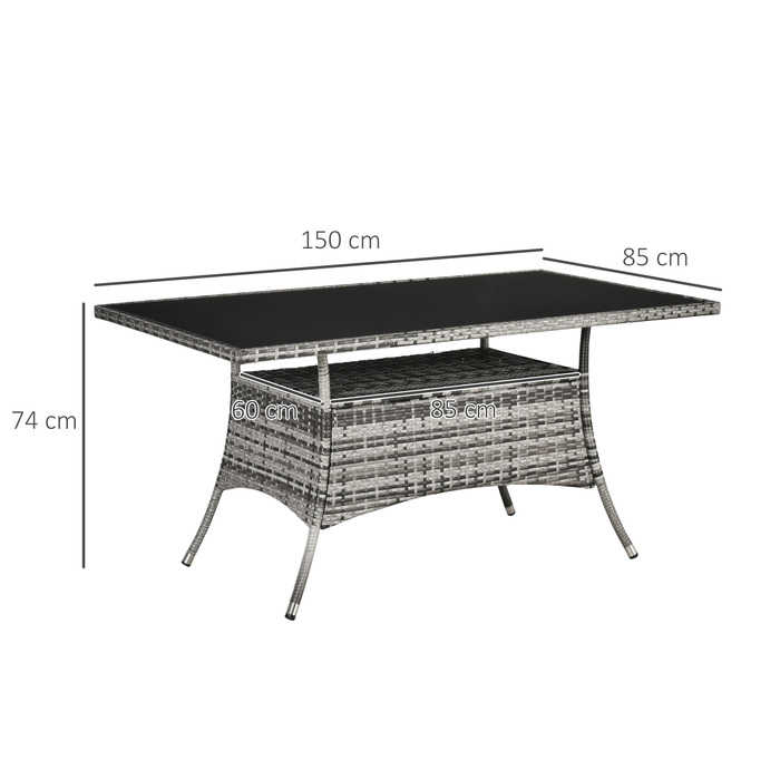 Outsunny Garden Table Стіл з полі ротанга зі скла 150x85x74см із захисним склом у сіро-чорному кольорі для саду, балконної тераси