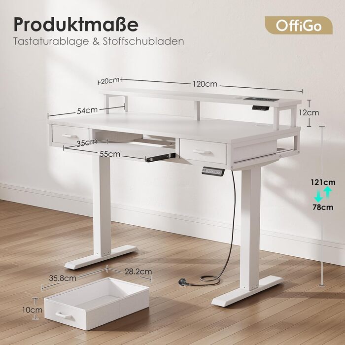Регульований за висотою стіл OffiGo з 2 висувними ящиками та підставкою для клавіатури, 120 см. Електричний стіл з підставкою для монітора, RGB підсвічування та розетками, білий (120 x 54 см)