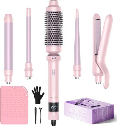 BESTOPE PRO Локкенстаб: Набір випрямляча та плойки 5 в 1 з термощіткою, 3 плойки (9-25 мм) для великих локонів, 13 температур, захисне покриття, рукавичка, затискач (Блідо-рожевий)