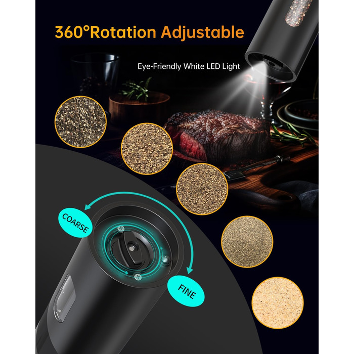 Електричні солі та перечні млини CIRCLE JOY з підставкою, чорні. Набір з LED-підсвіткою, регульована ступінь помелу, 110 мл, нержавіюча сталь