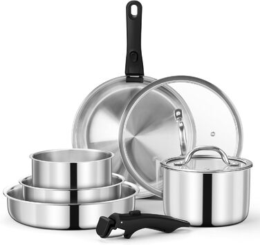 Набір каструль Joyfair, 9 предметів, з нержавіючої сталі, знімний ручка, для індукційних плит, сумісний з усіма типами плит, можна використовувати в духовці та мити в посудомийній машині