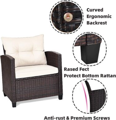 Набір садових меблів LIFEZEAL 3 предмети: 2 крісла та стіл з ротангу PE, скляна стільниця, подушки для тераси, балкона, саду (Коричневий з чорним)