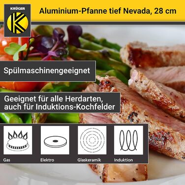 Алюмінієва сковорода KRGER Невада - Сковороди з високоякісним антипригарним покриттям - Ергономічна ручка сковороди - Можна мити в посудомийній машині та індукції (глибина 28 см)