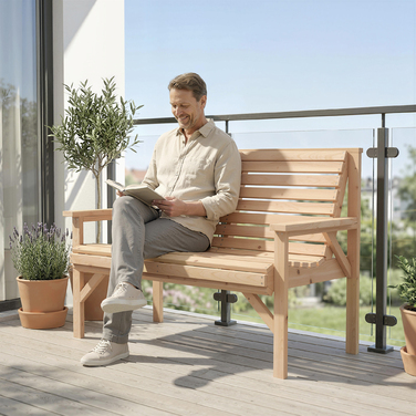 Двомісна дерев'яна лавочка для саду, лавочка з ламелями, з підлокітниками та спинкою, вуличні меблі для балкона, тераси, саду