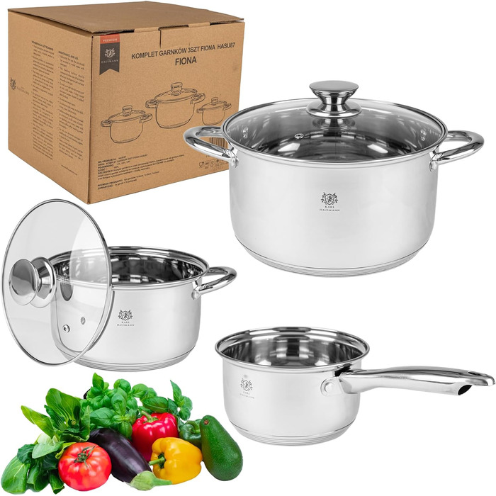 Набір каструль з нержавіючої сталі 3 шт. для всіх типів плит - каструлі з мірною шкалою, з кришкою з термостійкого скла