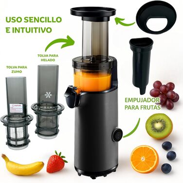 Електричний повільний соковитискач JuiceInstant Kompakter для фруктів та овочів, холодний віджим, BPA-free, з фільтром, антивитікання, чорний