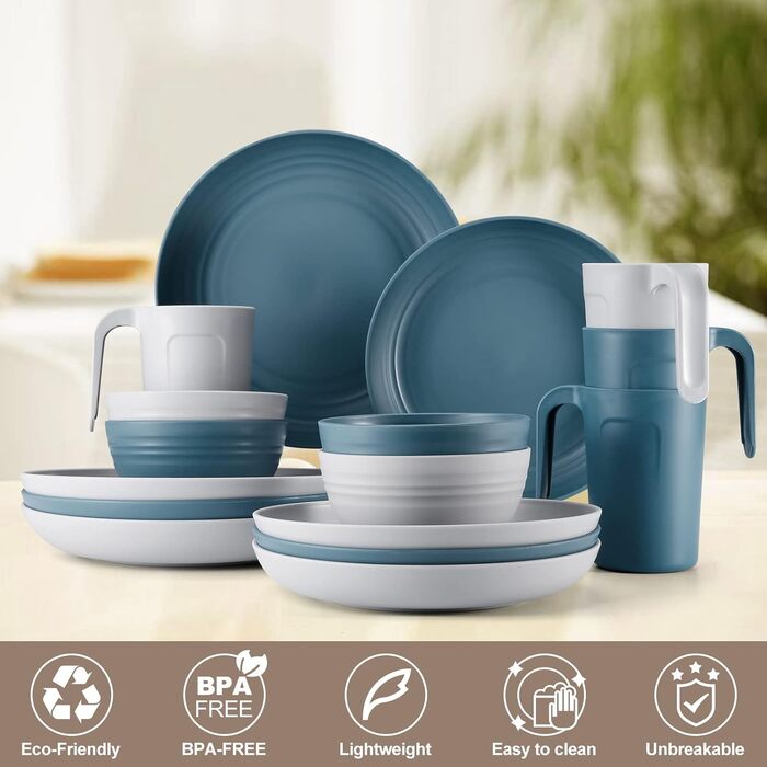 Набір посуду Odoland на 4 особи, 17 предметів: тарілки, миски, чашки (пластик, блакитний/сірий)