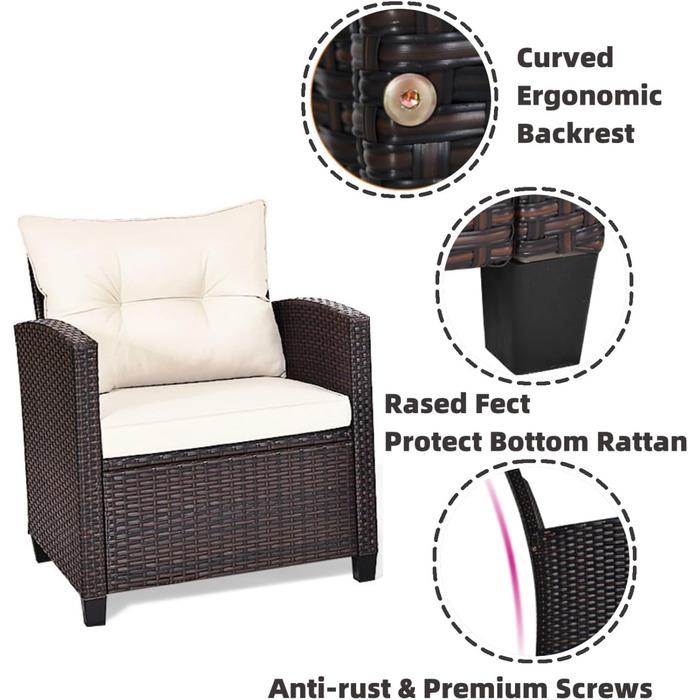 Набір садових меблів LIFEZEAL 3 предмети: 2 крісла та стіл з ротангу PE, скляна стільниця, подушки для тераси, балкона, саду (Коричневий з чорним)