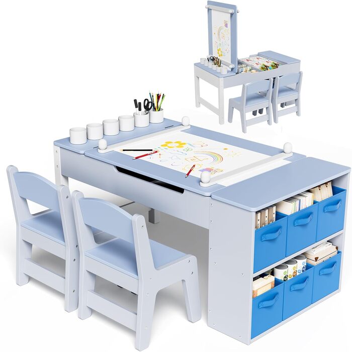Дитячий стіл MAMIZO з 2 стільцями: дерев'яний стіл для ігор з місцем для зберігання, комплект меблів для дітей, стіл для малювання та рукоділля, від 3 років (блакитний)