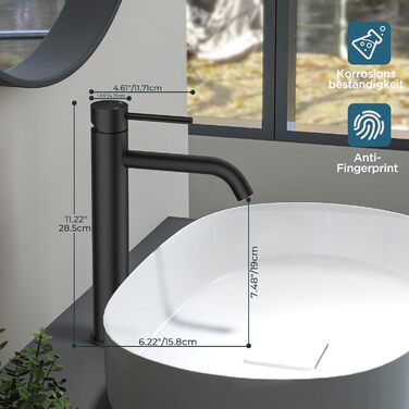 Чорний змішувач для ванної кімнати FORIOUS з висотою виливу 190 мм (11.2 дюймів) - однорідний змішувач для умивальника, ванної кімнати, гостьового WC