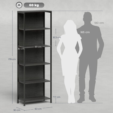 Стильна полиця-стеллаж на 5 ярусів з LED-підсвіткою, 7 кольорів світла, для вітальні, 60 x 30 x 179 см, чорний