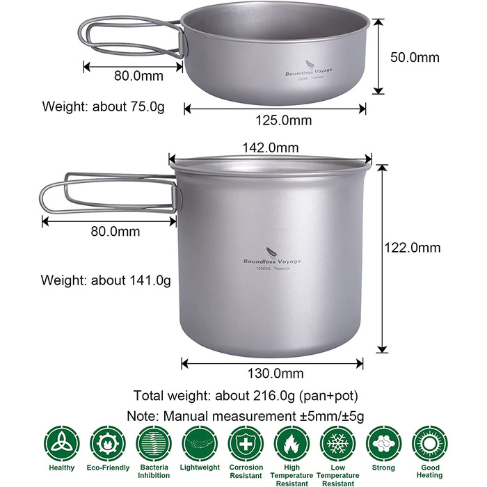 Набір кухонного посуду iBasingo для кемпінгу: титановий посуд з відкидним ручками, 1500 мл каструля та 500 мл сковорода, ідеальний для туризму та пікніків