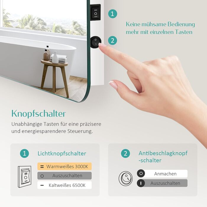 Дзеркало для ванної кімнати EMKE з підсвічуванням 40x60 см, антизапар, 2 кольори світла (тепле/холодне), вимикач-рейка, IP44, енергозберігаюче, захищене від вибуху