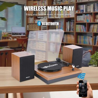 Вініловий програвач VOSTERIO з Bluetooth, зовнішніми HiFi стерео динаміками 2×15 Вт, 3 швидкості 33/45/78 об/хв, Aux-in, горіх