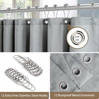 Шторка для душу з льону з металевими кільцями, сіра, 182 x 214 см - Текстильна шторка для ванни, вологостійка, важка