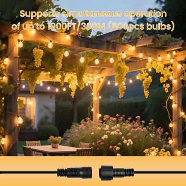 Льо́нточна гiрля́нда для зовнiшнього використання 30м, 50+2 лампочки G40, тепле бiле свiтло, IP45, для терас, вечiрiнок, саду та балкону, стиль Едiсона, з'єднувальна, чорний колір