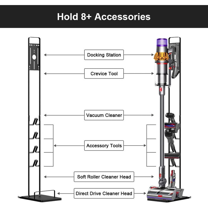 Підставка Foho для Dyson V6-V15, з колесами, тримачем аксесуарів, без свердління, чорна