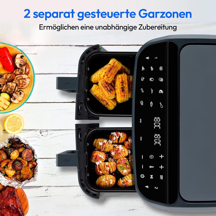 MEDION P20 XXL Фритюрниця з гарячим повітрям з 2 камерами (8,7 л, Airfryer, 2600 Вт, подвійна камера, 10 автоматичних програм, 2 висувні ящики, віконце, Dual Airfryer, ILAG PFAS-free, MD11760) матово-білий, матово-сірий