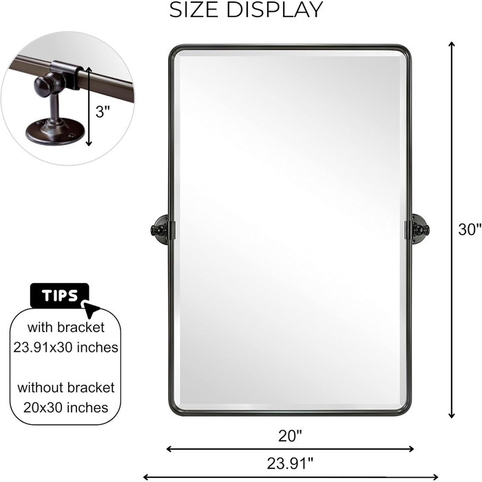 Дзеркало для ванної кімнати TEHOME 50,8 x 61 см, поворотне, матовий чорний, прямокутне, з металевим каркасом, для вертикального кріплення на стіну