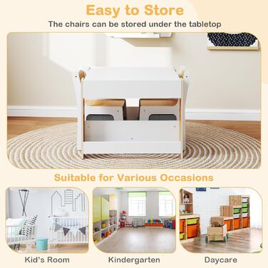 Дерев'яний дитячий стіл 4 в 1 DREAMADE з 2 стільцями, дошками та полицями, комплект меблів для дітей