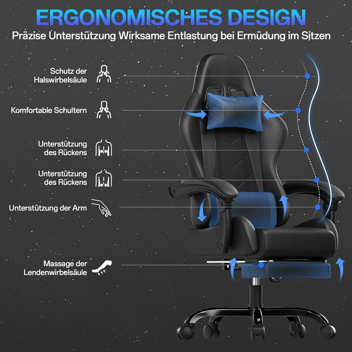 Ігровий крісло JUMMICO з масажем, ергономічний офісний крісло з підголовником для попереку, регульована спинка 90-135°, підставка для ніг, чорний, до 150 кг