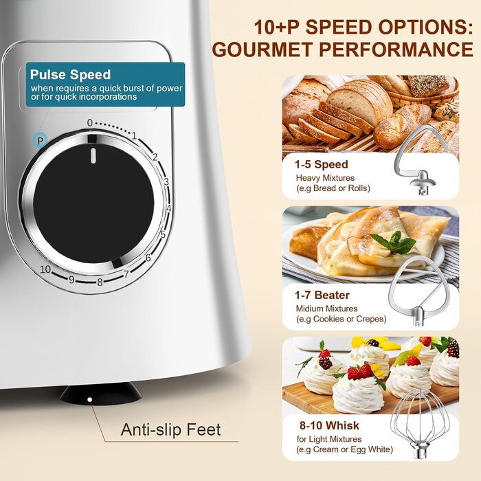 Кухонна машина-міксер Facelle 1500W з 5.5L та 4.5L чашами, 10+ програм, тиха робота, срібна