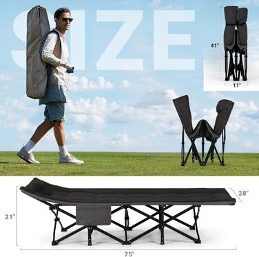 Розкладне кемпінгове ліжко OVERMONT з матрацом, 190x70x40 см, витримує до 250 кг, тканина Оксфорд, з кишенею та сумкою для перенесення, чорне