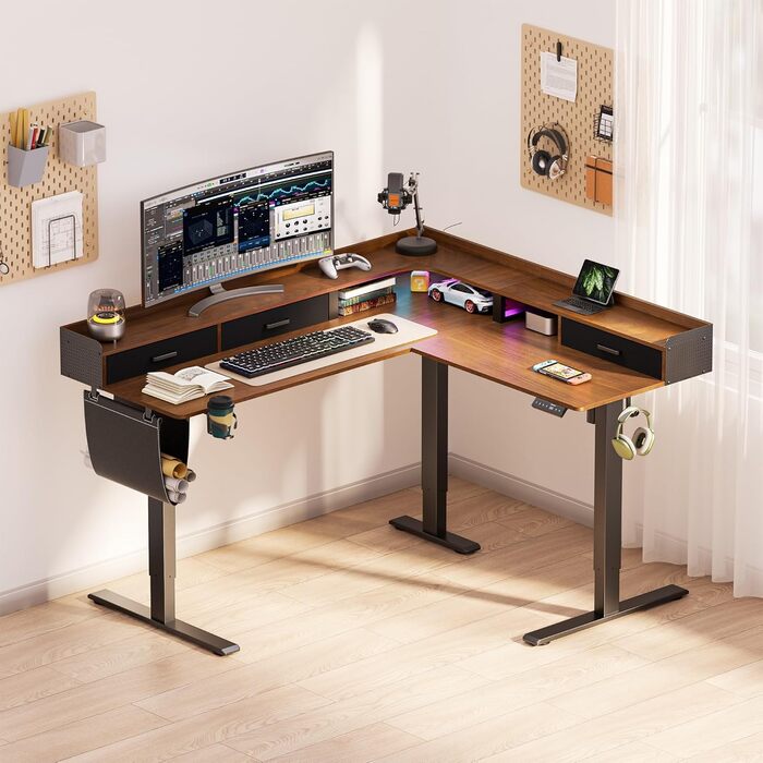 Регульований кутовий стіл L-подібної форми, електричний, 160 x 140 см. З 3 висувними ящиками, для офісу, геймінгу. Чорний горіх.