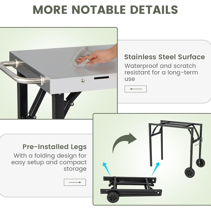 Гриль-возна коляска KOMFOTTEU: складаний гриль-стіл з нержавіючою сталею, мобільний гриль на коліщатках з регульованою полицею, тримач для телефону та рушника, чорний