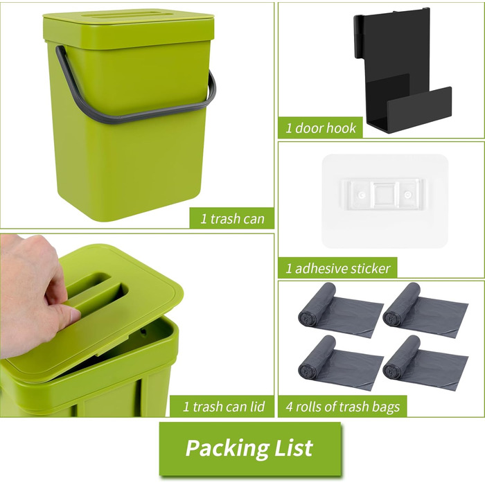 Кухонний контейнер для органічних відходів Fiteber, 3 л - герметичний та компактний, універсальний, у комплекті 4 пакети для органічних відходів (зеленого кольору)