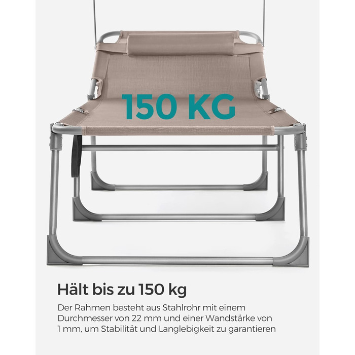 Лежак для відпочинку SONGMICS, великий, розкладний, 200 x 71 x 38 см, вантажопідйомність 150 кг, з сонцезахисною капелюхом та регульованою спинкою, для саду, басейну, тераси, темно-сірий (Taupe)