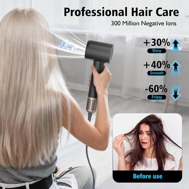 Професійний фен для волосся з високошвидкісним двигуном 160 000 об/хв, іонізацією 300 млн негативних іонів, 4 температурних режимах та 2 швидкостях, з дифузором та концентратором, чорний