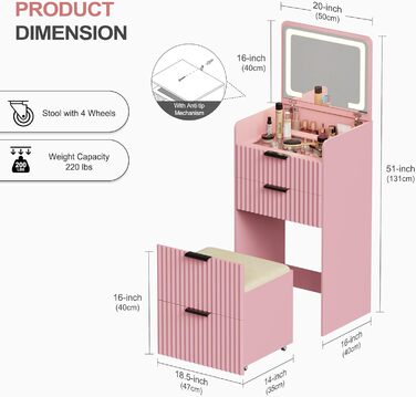 Трюмо Lvifur з LED-дзеркалом та 3 шухлядами, кутовий, для спальні, квартири, гуртожитку, білий (рожевий)