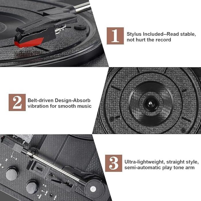 Вініловий програвач Bluetooth Vintage, 3 швидкості 33/45/78 об/хв, вбудовані стереодинаміки, RCA та AUX-вхід, чорний