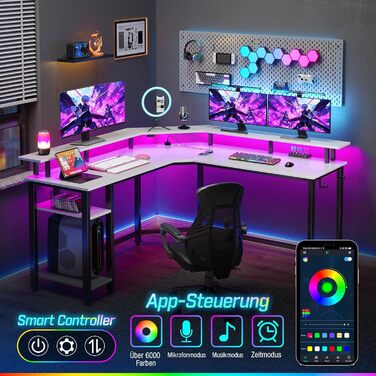 Комп'ютерний стіл Rolanstar L-подібний з RGB підсвічуванням та розетками, геймінговий стіл з полицею та гачками, для офісу, робочого кабінету, спальні (білий, 137 см), 137 x 137 x 87 см