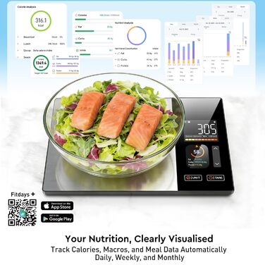 Розумна кухонна вага з підрахунком калорій та Bluetooth: відстежує 20 поживних речовин, точність 1 г, функція тари, для схуднення, фітнесу та підготовки їжі