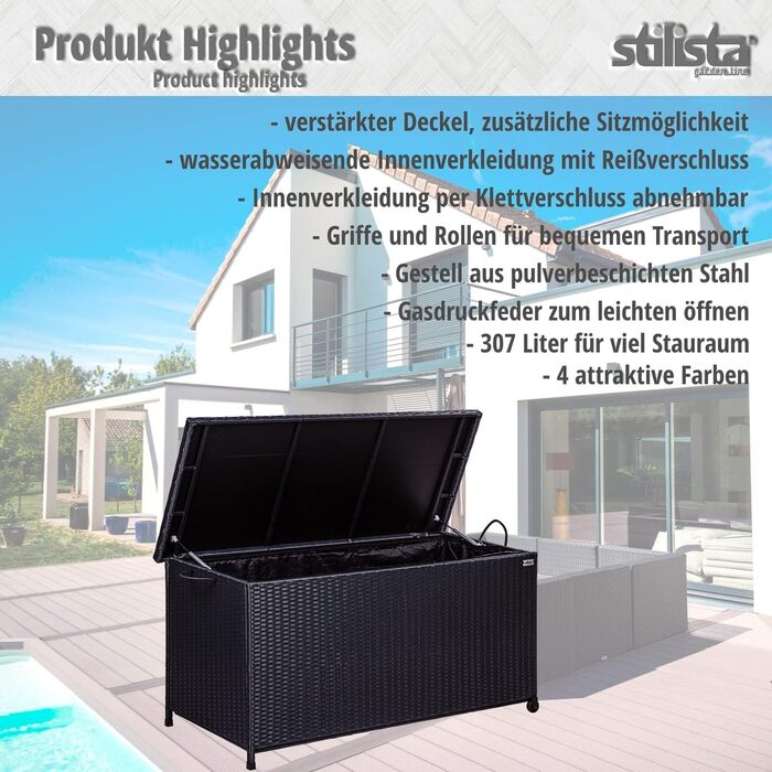 Ящик для подушок STILISTA® з ротангу (поліротанг) 122x62x56 см з кришкою, автоматичним підйомним механізмом, внутрішньою підкладкою, колесами та ручками, 4 кольори