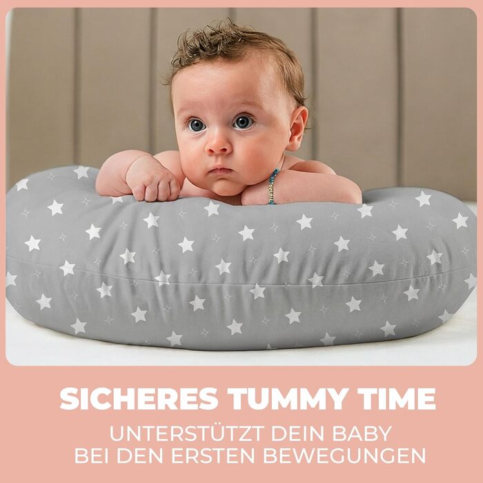 Підтримка для вагітних Stillkissen XXL 200x70см, подушка для годування та сну, балоньєра, бавовняний чохол, ергономічна, багатофункціональна, 100% бавовна, сірий колір з білими зірками