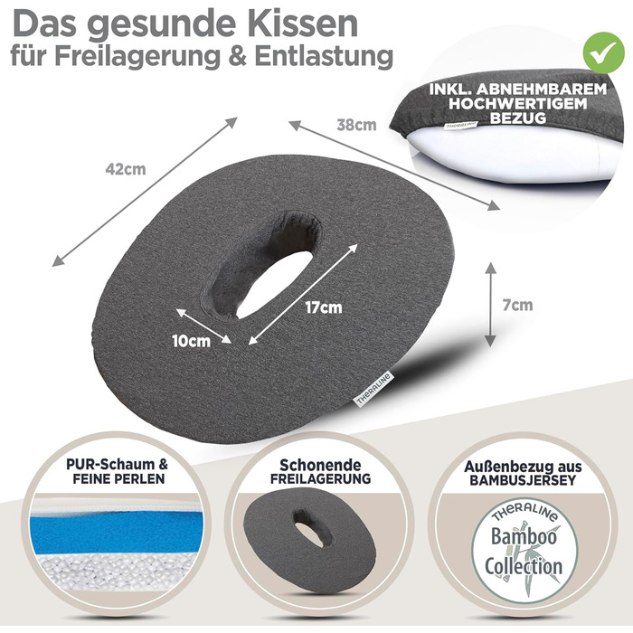 Ергономічна ортопедична подушка-кільце Theraline для розвантаження куприка та гемороїду, післяопераційна та післяпологова подушка-пончик (Антрацит Меланж), 35x48 см
