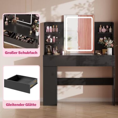 Великий туалетний столик Airfish з підсвічуванням 108x40 см, з дзеркалом та полицями, 2 шухляди, регульована яскравість, 3 кольори, для спальні/вітальні (білий туалетний столик) (чорний туалетний столик)