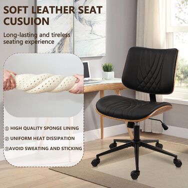 Крісло офісне без підлокітників Clatina з роликами, регульоване по висоті, шкіряне, поворотне, для комп'ютера, середньою спинкою, сучасний стиль горіх, для home office, робочого кабінету, конференц-залу, біле (чорне), 1 шт.