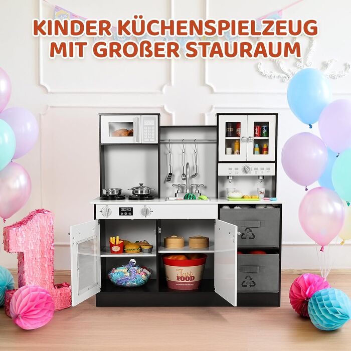 Дерев'яна дитяча кухня Mamizo з підсвіткою та звуком, іграшкова кухня для дітей, 90x30x90 см, з аксесуарами та 2 ящиками для зберігання, іграшка для дітей від 3 років (колір: коричневий)