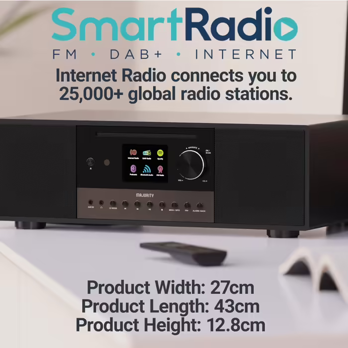 Інтернет-радіо з CD-програвачем, Bluetooth, DAB+, FM, 120 Вт 2.1 стерео, Wi-Fi, Spotify, подкасти, з дисплеєм Majority Quadriga