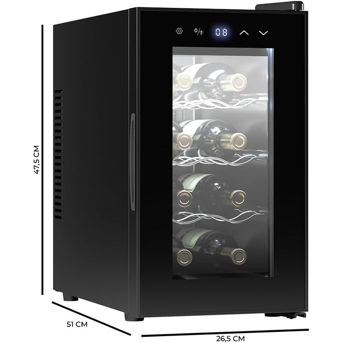 Витримання вина Cecotec Bolero Grandsommelier 830 Coolcrystal: 8 пляшок, термоелектрична охолодження, регулювання температури 8-18°C, сенсорне керування, LED-підсвітка, без шкідливого газу, чорний колір