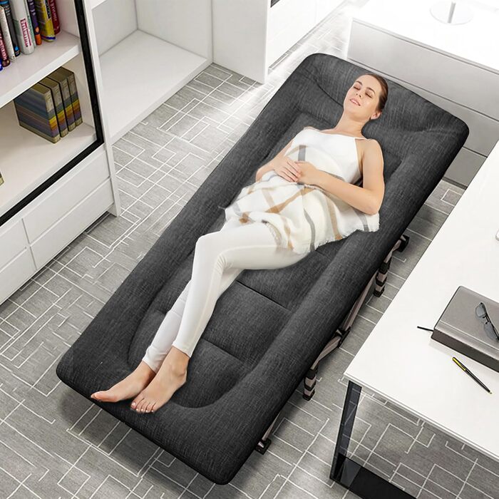 Розкладне кемпінгове ліжко CALIYO з матрацом, 200x80x40 см, витримує до 200 кг, сталевий каркас та тканина Оксфорд, чорне, з сумкою для зберігання