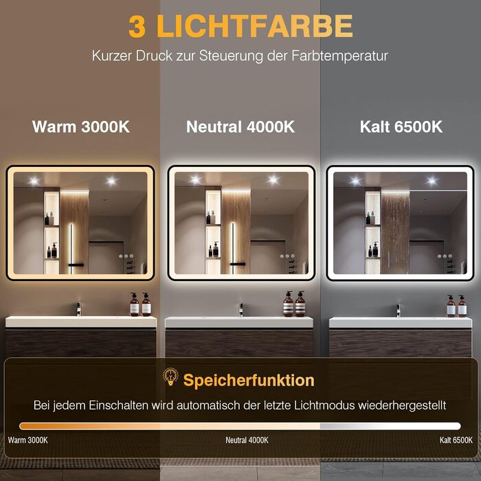 LED дзеркало для ванної кімнати 80x60 см з підсвічуванням, диммер, протитуманне покриття, 3 кольори світла, IP44, функція пам'яті, горизонтальний/вертикальний монтаж