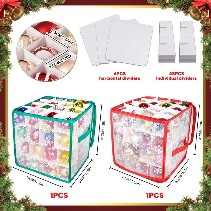 Коробка для прикрас на ялинку з регульованими перегородками, 64 відділення, 4 рівні (червоно-зелена)
