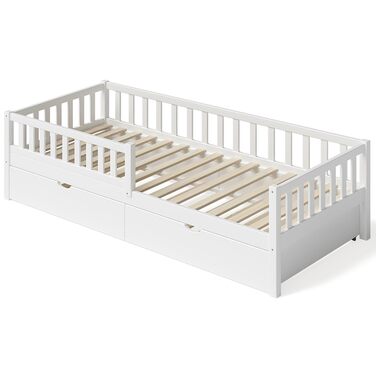 Ліжко дитяче Bellabino Vils 90x200 см – ліжко для малюків з бортиками, ламелі, Монтессорі, з масиву сосни, біле, для хлопчиків та дівчаток, з місцем для зберігання, з гостьовим ліжком, з матрацом